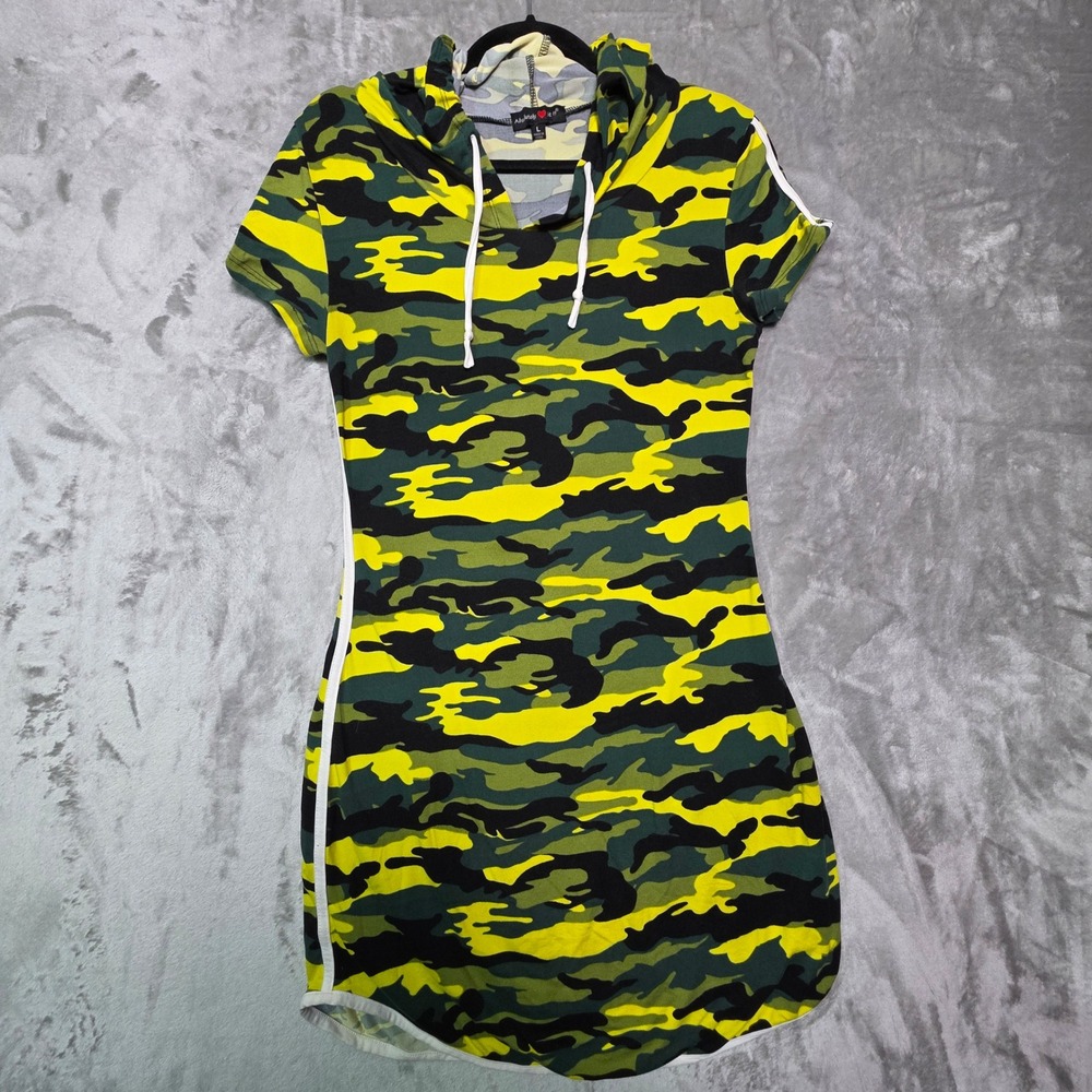 Absolutely It Womens Yellow Green Camo Hooded Bodycon Mini Dress Size L Stripe